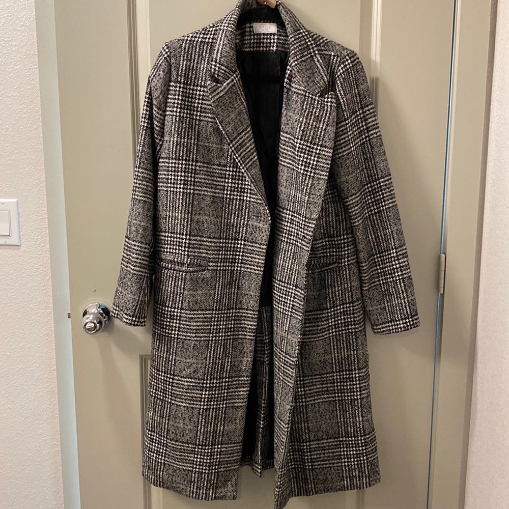 Sage the label plaid wool blend coat; grey/cream; sz L